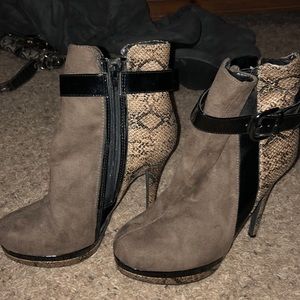 Grey and snake skin booties.